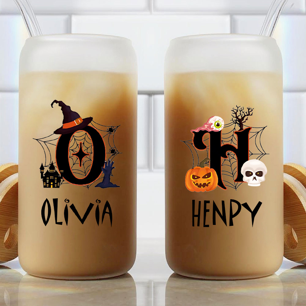 Coffee Equipment With Name - Gepersonaliseerde Halloween glazen beker met bamboe